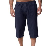 Cotton Linen Shorts for Men UK Summer 3/4 Length Trousers Loose Drawstring Elasticated Waist Crop Shorts Casual Fit Wide Leg Beach Trouusers Comfy Breathable Outdoor Hiking Sweatpants