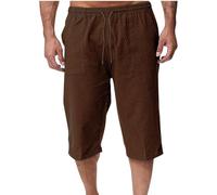 Cotton Linen Shorts for Men UK Summer 3/4 Length Trousers Loose Drawstring Elasticated Waist Crop Shorts Casual Fit Wide Leg Beach Trouusers Comfy Breathable Outdoor Hiking Sweatpants