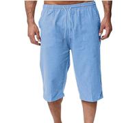 Cotton Linen Shorts for Men UK Summer 3/4 Length Trousers Loose Drawstring Elasticated Waist Crop Shorts Casual Fit Wide Leg Beach Trouusers Comfy Breathable Outdoor Hiking Sweatpants