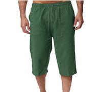 Cotton Linen Shorts for Men UK Summer 3/4 Length Trousers Loose Drawstring Elasticated Waist Crop Shorts Casual Fit Wide Leg Beach Trouusers Comfy Breathable Outdoor Hiking Sweatpants