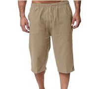 Cotton Linen Shorts for Men UK Summer 3/4 Length Trousers Loose Drawstring Elasticated Waist Crop Shorts Casual Fit Wide Leg Beach Trouusers Comfy Breathable Outdoor Hiking Sweatpants