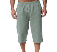 Cotton Linen Shorts for Men UK Summer 3/4 Length Trousers Loose Drawstring Elasticated Waist Crop Shorts Casual Fit Wide Leg Beach Trouusers Comfy Breathable Outdoor Hiking Sweatpants