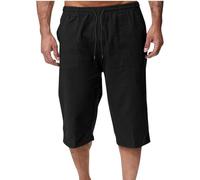 Cotton Linen Shorts for Men UK Summer 3/4 Length Trousers Loose Drawstring Elasticated Waist Crop Shorts Casual Fit Wide Leg Beach Trouusers Comfy Breathable Outdoor Hiking Sweatpants