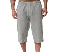 Cotton Linen Shorts for Men UK Summer 3/4 Length Trousers Loose Drawstring Elasticated Waist Crop Shorts Casual Fit Wide Leg Beach Trouusers Comfy Breathable Outdoor Hiking Sweatpants