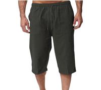 Cotton Linen Shorts for Men UK Summer 3/4 Length Trousers Loose Drawstring Elasticated Waist Crop Shorts Casual Fit Wide Leg Beach Trouusers Comfy Breathable Outdoor Hiking Sweatpants