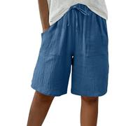 Cotton Linen Shorts for Women Elastic High Waist Summer Shorts Loose Fit Bermuda Short Ladies Wide Leg Short with Pockets Drawstring Lightweight Comfy Beach Casual Pants Vacation Holiday Clothes Blue