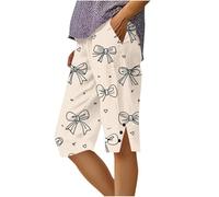 Cotton Linen Shorts for Women Fashion Prints Summer Knee Length Bermuda Shorts Ladies Casual Split Hem Straight Wide Leg Elasticated Waist Capri Pants Comfy Bottoms Trousers with Pockets