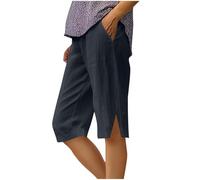 Cotton Linen Shorts for Women Summer Cropped Trousers Elastic Waist Knee Length Shorts Ladies Plus Size Casual Bermuda Short Solid Wide Leg Beach Vacation Capri Pants with Pockets