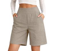 Cotton Linen Shorts for Women Summer High Waisted Elasticated Waist Beach Bermuda Short Trousers with Pockets Casual Loose Knee Length Plus Size Wide Leg Hot Pants for Holiday and Daly Wear