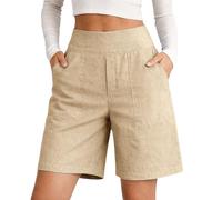 Cotton Linen Shorts for Women Summer High Waisted Elasticated Waist Beach Bermuda Short Trousers with Pockets Casual Loose Knee Length Plus Size Wide Leg Hot Pants for Holiday and Daly Wear