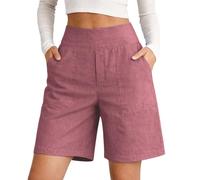 Cotton Linen Shorts for Women Summer High Waisted Elasticated Waist Beach Bermuda Short Trousers with Pockets Casual Loose Knee Length Plus Size Wide Leg Hot Pants for Holiday and Daly Wear