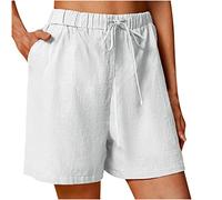 Cotton Linen Shorts for Women UK Plain Pull On Elasticated Waist Shorts with Pockets Summer Casual Shorts Drawstring Straight Leg Loose Pants Lightweight Comfy Beach Shorts Size 8-18