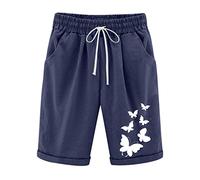 Cotton Linen Shorts for Women UK Sale Clearance Plus Size Knee Length Shorts with Pockets Elasticated Waist Pull On Bermuda Shorts Straight Legs Loose Casual Pants Comfy Beach Shorts 8-22