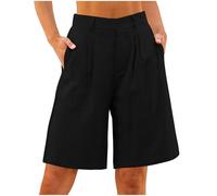 Cotton Linen Shorts for Women UK Summer Pull On Bermuda Shorts Solid Color Loose Straight Leg Pants Elasticated Waist Short Pants Above The Knee Casual Bottoms with Pockets Black