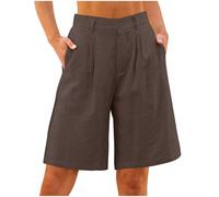 Cotton Linen Shorts for Women UK Summer Pull On Bermuda Shorts Solid Color Loose Straight Leg Pants Elasticated Waist Short Pants Above The Knee Casual Bottoms with Pockets Coffee