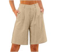 Cotton Linen Shorts for Women UK Summer Pull On Bermuda Shorts Solid Color Loose Straight Leg Pants Elasticated Waist Short Pants Above The Knee Casual Bottoms with Pockets Khaki