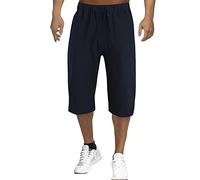 Cotton Linen Shorts Men's 3/4 Length Capris Shorts Below Knee Summer Casual Beach Yoga Pants Lightweight Comfy Joggers Sweatpants Drawstring Pull On Bermuda Paperbag Slack Pants Navy