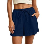 Cotton Linen Shorts Women Mini High Waisted Solid Color Loose Pull On Shorts with Pockets Summer Lightweight Casual Hot Pants Folded Hem Elasticated Waist Pleated Short Pants Beach Lounge Wear