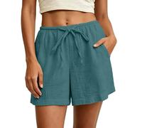 Cotton Linen Shorts Women Mini High Waisted Solid Color Loose Pull On Shorts with Pockets Summer Lightweight Casual Hot Pants Folded Hem Elasticated Waist Pleated Short Pants Beach Lounge Wear