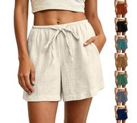 Cotton Linen Shorts Women Mini High Waisted Solid Color Loose Pull On Shorts with Pockets Summer Lightweight Casual Hot Pants Folded Hem Elasticated Waist Pleated Short Pants Beach Lounge Wear