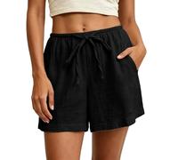 Cotton Linen Shorts Women Mini High Waisted Solid Color Loose Pull On Shorts with Pockets Summer Lightweight Casual Hot Pants Folded Hem Elasticated Waist Pleated Short Pants Beach Lounge Wear