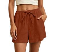 Cotton Linen Shorts Women Mini High Waisted Solid Color Loose Pull On Shorts with Pockets Summer Lightweight Casual Hot Pants Folded Hem Elasticated Waist Pleated Short Pants Beach Lounge Wear