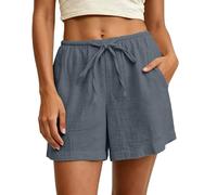Cotton Linen Shorts Women Mini High Waisted Solid Color Loose Pull On Shorts with Pockets Summer Lightweight Casual Hot Pants Folded Hem Elasticated Waist Pleated Short Pants Beach Lounge Wear