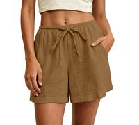 Cotton Linen Shorts Women Mini High Waisted Solid Color Loose Pull On Shorts with Pockets Summer Lightweight Casual Hot Pants Folded Hem Elasticated Waist Pleated Short Pants Beach Lounge Wear