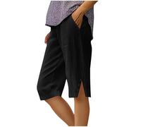 Cotton Linen Shorts Women Plain Pull On High Elasticated Waist Knee Length Shorts Ladies Summer Lounge Straight Leg Short Pants with Pockets Side Slit Button Design Casual Loose Beach Half Pants