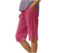 Cotton Linen Shorts Women Plain Pull On High Elasticated Waist Knee Length Shorts Ladies Summer Lounge Straight Leg Short Pants with Pockets Side Slit Button Design Casual Loose Beach Half Pants