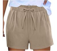 Cotton Linen Shorts Women Summer Pull On Elasticated Waist Shorts Solid Color Beach Hot Pants Drawstring Straight Leg Loose Short Pants Lightweight Comfy Casual Lounge Bottoms Clearance Khaki