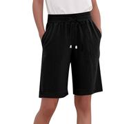 Cotton Linen Shorts Women UK, Ladies Shorts with Pockets Plain Pull On Elasticated Waist Short Pants Casual Straight Leg Loose Summer Trousers Drawstring Pants Plus Size 22 Black