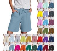 Cotton Linen Shorts Womens Elastic Waisted Knee Length Shorts Solid Color Drawstring Casual Short Lightweight Breathable Fabric Beach Short With Pocket Summer Pants For Walking, Holidays, Travelling