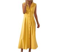 Cotton Linen Sleeveless Dress for Women Plus Sizes, Elegant Loose-Fit Ruched Pleated Maxi Dresses with Shirt Collar & Button Closure, Summer Casual Wear My Orders Sale Clearance Yellow