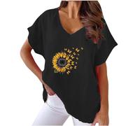 Cotton Linen T Shirtrs for Women UK Clearaance V Neck Short Sleeve T Shirt Ladies Loose Fit Floral Print Tee Summer Casual Tunic Tops Plus Size Sunflower T-Shirts