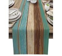 Cotton Linen Table Runner Dresser Scarves Retro Rustic Barn Wood&Teal Green Brown Non-Slip Burlap Rectangle Table Setting Decor for Farmhouse Wedding Party Holiday Dinner Home, (13X90 Inch)
