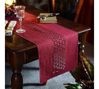 Cotton Linen Table Runner Hollow Burgundy Table Runner Rustic Modern Decorative Cloth for Dining Room Kitchen Farmhouse Wedding Party Holiday Decoration 14×72inches (35x 183 cm)