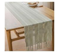 Cotton Linen Table Runner with Tassels, Boho Style Sage Green Runner, Weave Stripes Polyester Fabric, Decor for Dining, Kitchen, Party, Dessert Table (33x183cm)