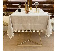 Cotton Linen Tablecloth 135x140cm - Wrinkle-Free Rectangular Oblong Dining Room Cover with Tassels - Stylish Home Decor & Design for Kitchen Use