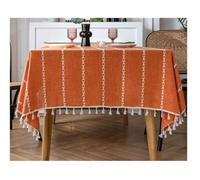 Cotton Linen Tablecloth Countryside Rectangle Table Cloth Multi LineHollow Out Table Cover with Tassel for Dining Table(Orange,140x200cm)