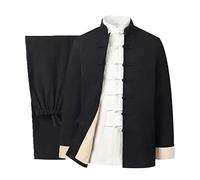 Cotton Linen Tai Chi Uniform Set Tang Suit Chinese Traditional Clothing Men Martial Art Clothes Breathable Long Sleeved Coat Tops Pants, Kung Fu Uniform Zen Meditati Black-XXL
