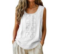 Cotton Linen Tank Tops for Women UK Summer Sleeveless Crew Neck Embroidery Floral Print Vest Solid Colour Lightweight Casual Loose Fit Shirts Going Out Blouse