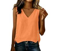 Cotton Linen Tank Tops Women Deep V Neck Sleeveless Vest Decor Button High Low Split Hem Pullover Blouse Lightweight Plain Gauze Shirts Ladies Fashion Textured T-Shirts Casual Summer Solid Tee Orange