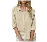 Cotton Linen Tops for Girls Button Down Oversized Long Sleeve Collared Gauze Shirt for Teen Roll Up Cuffed Sleeve Blouses with Pockets Cute Tops for Girls Cover Up (Beige, 11-12 Years)