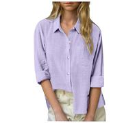 Cotton Linen Tops for Girls Button Down Oversized Long Sleeve Collared Gauze Shirt for Teen Roll Up Cuffed Sleeve Blouses with Pockets Cute Tops for Girls Cover Up (A-Purple, 13-14 Years)
