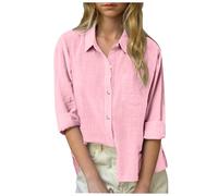 Cotton Linen Tops for Girls Button Down Oversized Long Sleeve Collared Gauze Shirt for Teen Roll Up Cuffed Sleeve Blouses with Pockets Cute Tops for Girls Cover Up (Pink, 9-10 Years)