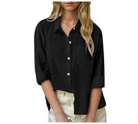 Cotton Linen Tops for Girls Button Down Oversized Long Sleeve Collared Gauze Shirt for Teen Roll Up Cuffed Sleeve Blouses with Pockets Cute Tops for Girls Cover Up (Black, 13-14 Years)