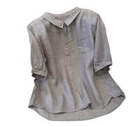 Cotton Linen Tops for Women 3/4 Sleeve Peter Pan Collar Flowy Shirts with Pocket Solid Blouses Casual Loose Fit Tees Camisas De Lino(Grey, M)