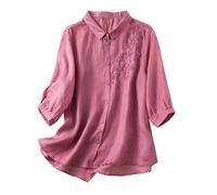 Cotton Linen Tops for Women 3/4 Sleeve Peter Pan Collar Flowy Shirts with Pocket Solid Blouses Casual Loose Fit Tees(Z03-Hot Pink, L)