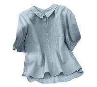 Cotton Linen Tops for Women 3/4 Sleeve Peter Pan Collar Flowy Shirts with Pocket Solid Blouses Casual Loose Fit Tees Camisas De Lino(Blue, XXL)